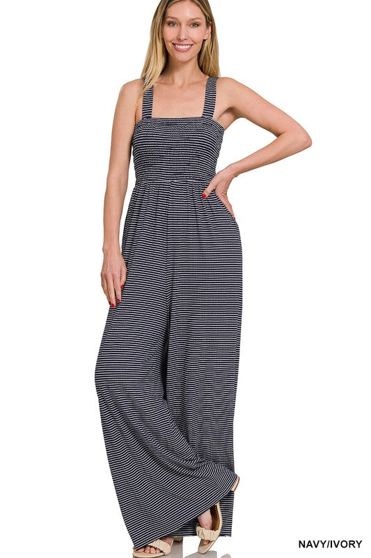 Zenana Smocked Top Striped Jumpsuit