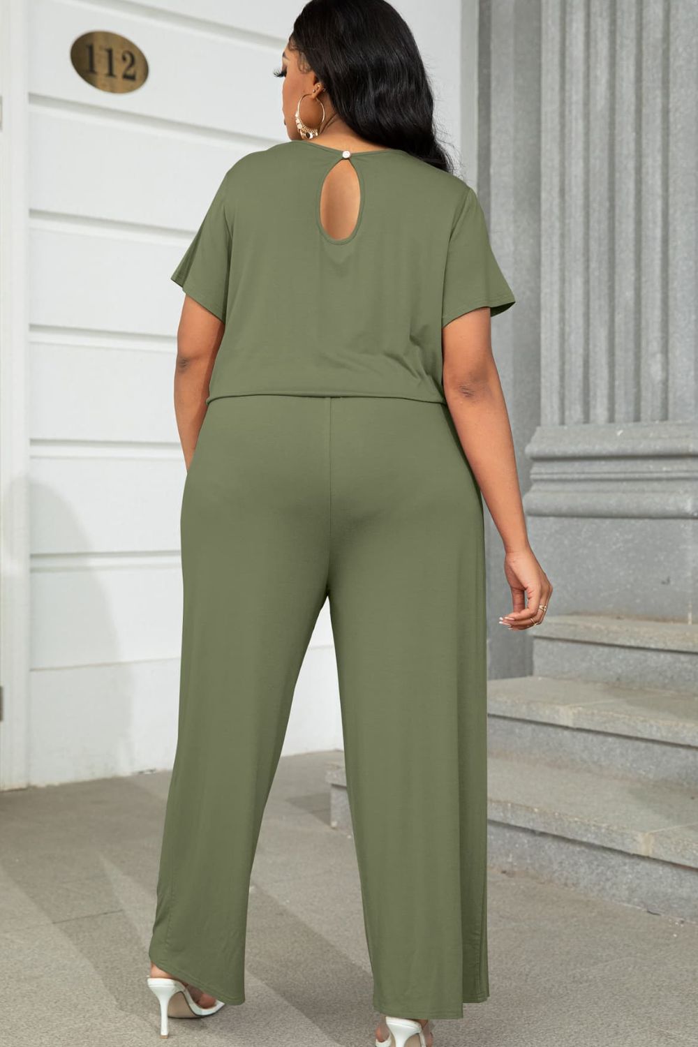 Plus Size Drawstring Waist Short Sleeve Jumpsuit **also in forest, wine, moss, and tan