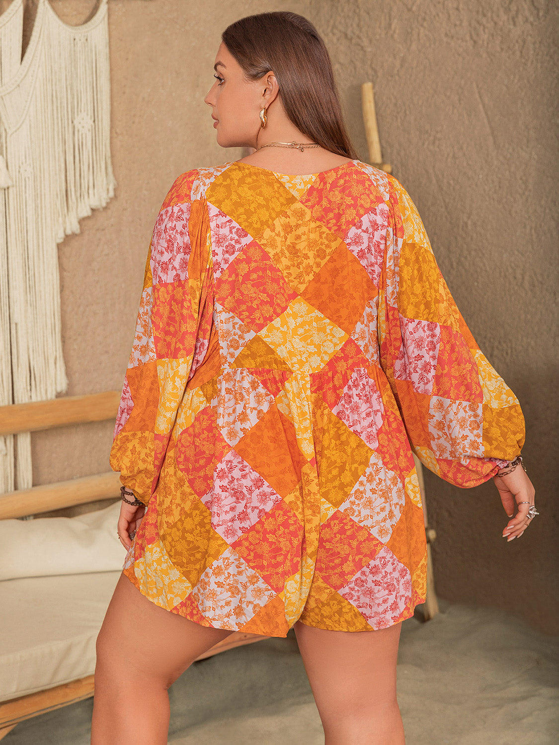 Plus Size Floral Tie Neck Balloon Sleeve Romper **also in pumpkin and pastel blue