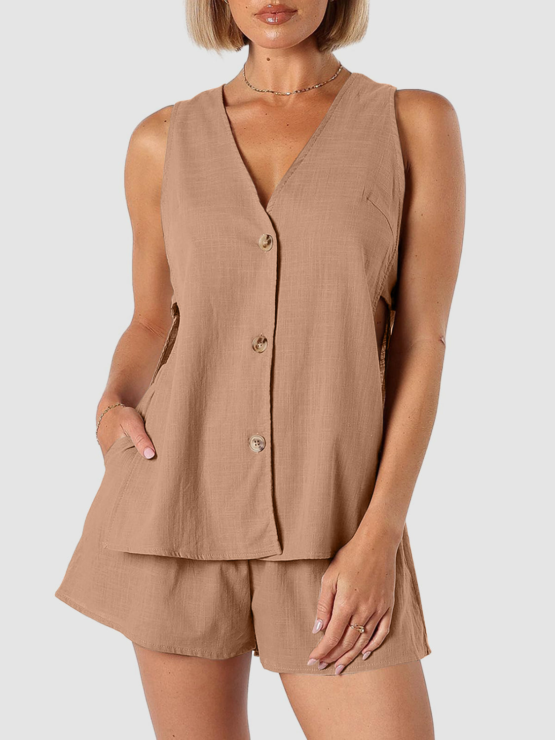 Full Size Button Up Top and Shorts Set **also in black, camel, olive, coral, and red