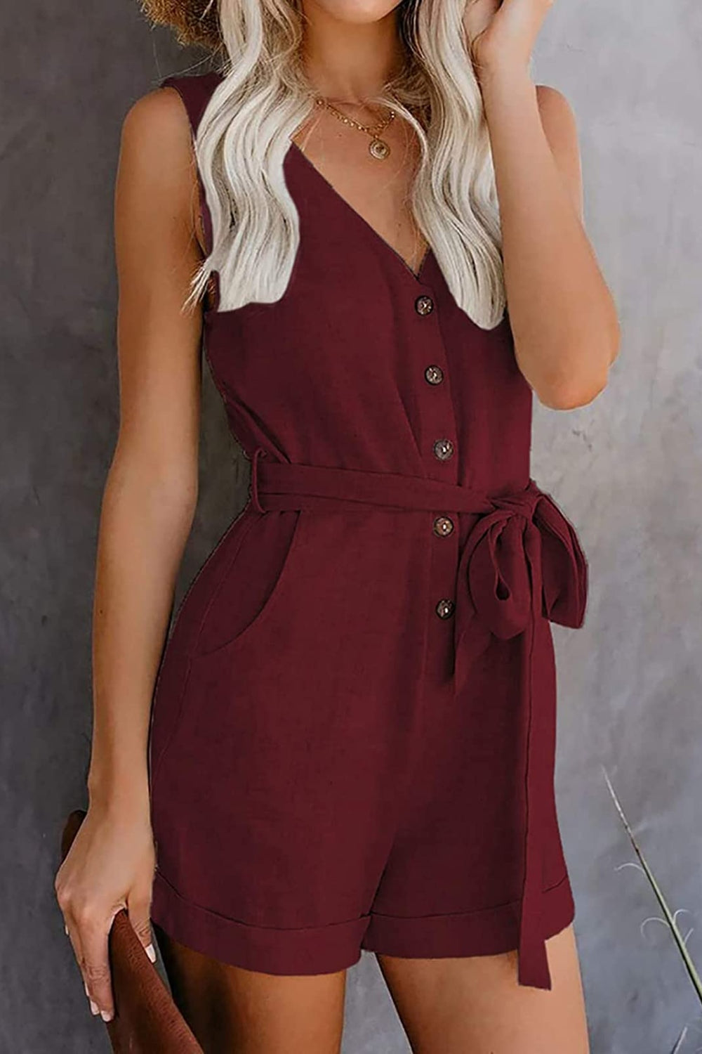 Full Size Tied V-Neck Sleeveless Romper with Pockets **available in 10 colors