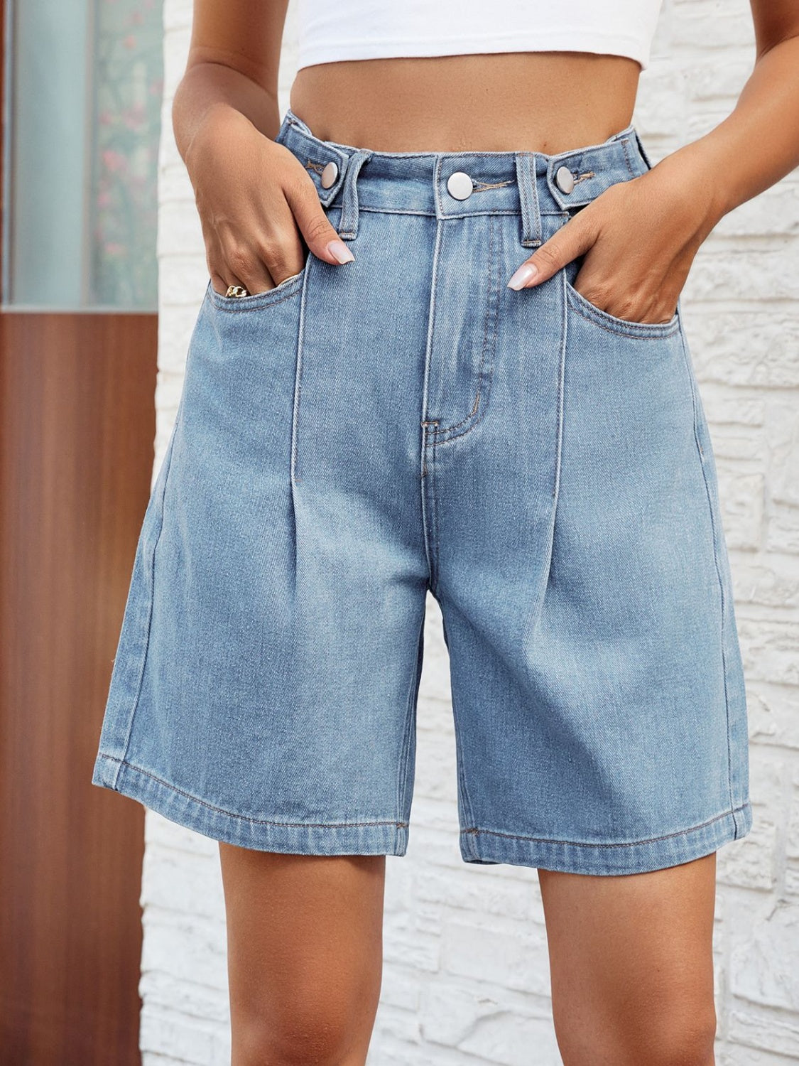 High Waist Denim Shorts with Pockets **available in light or medium denim