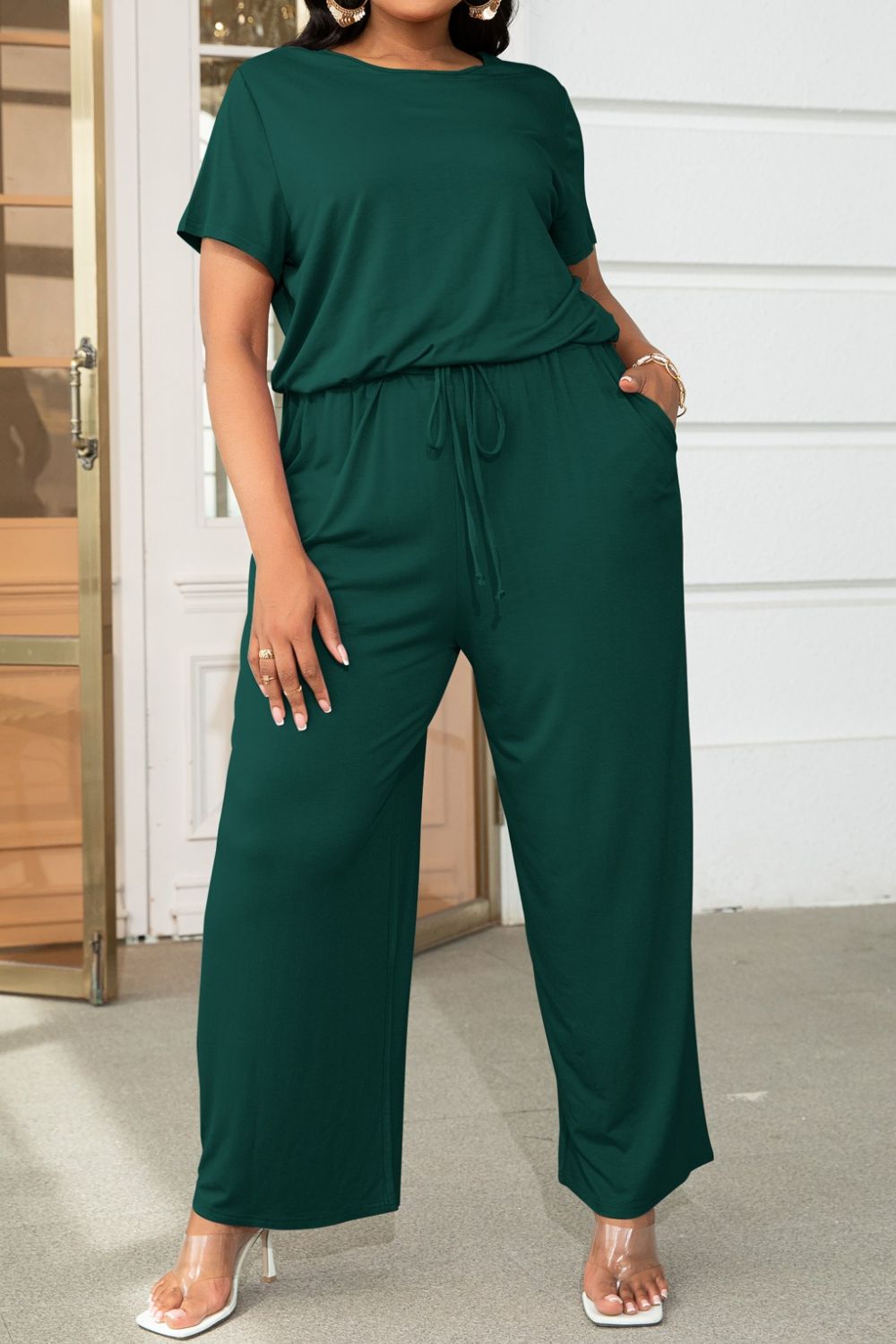 Plus Size Drawstring Waist Short Sleeve Jumpsuit **also in forest, wine, moss, and tan