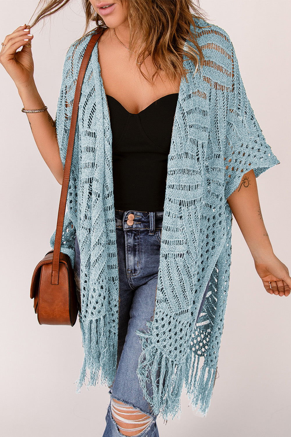 SYNZ Openwork Open Front Cardigan with Fringes **also in light or dark blue, lavender, and dark green