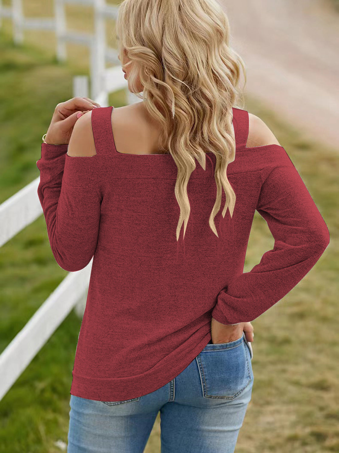 Full Size Cutout Cold Shoulder Sweater **also in light mauve, blue, green, red, and black