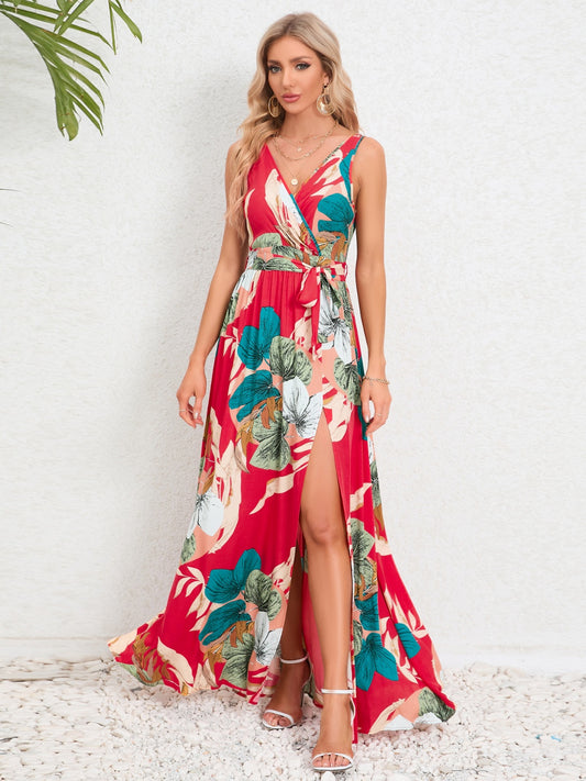 Front Slit Tied Floral Printed Surplice Sundress **also in white, dark navy, and mustard