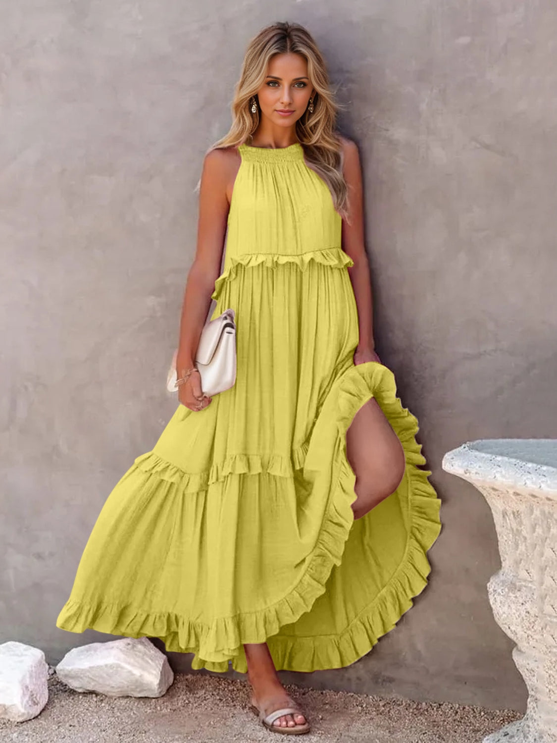 Full Size Ruffled Sleeveless Tiered Maxi Dress with Pockets **available in 8 colors