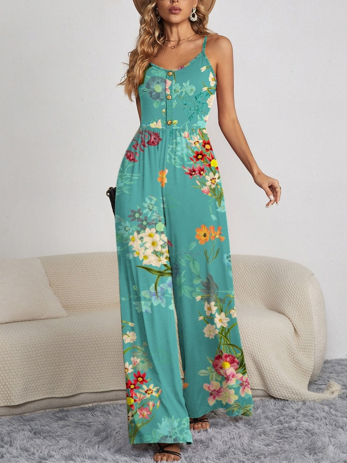 Floral Print Decorative Button Spaghetti Strap Wide Leg Jumpsuit