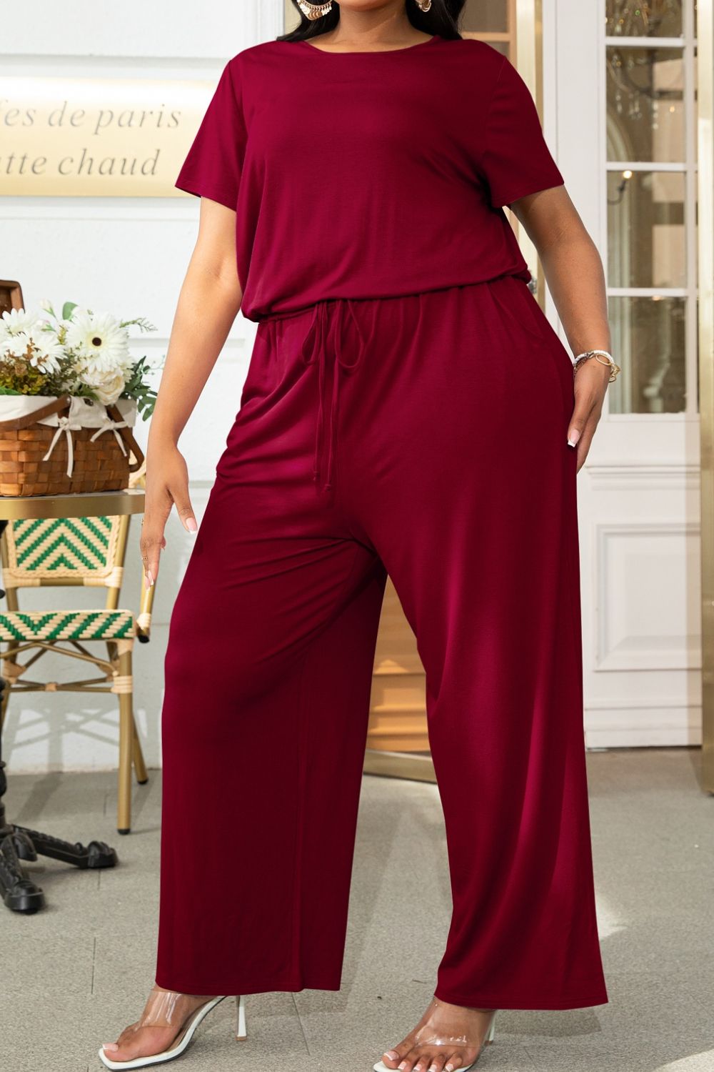 Plus Size Drawstring Waist Short Sleeve Jumpsuit **also in forest, wine, moss, and tan