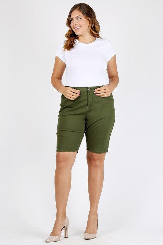 Plus Size High Waist Solid Stretch Bermuda Shorts **also in coral, mustard, olive, and white