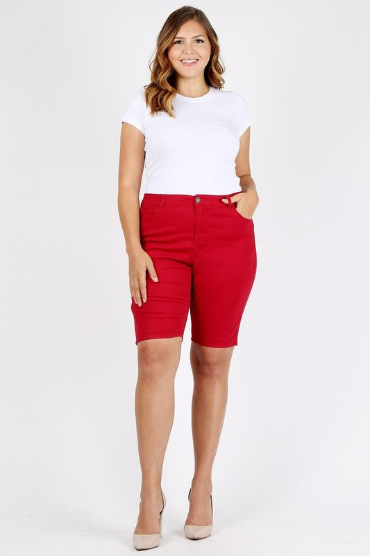 Plus Size High Waist Solid Stretch Bermuda Shorts