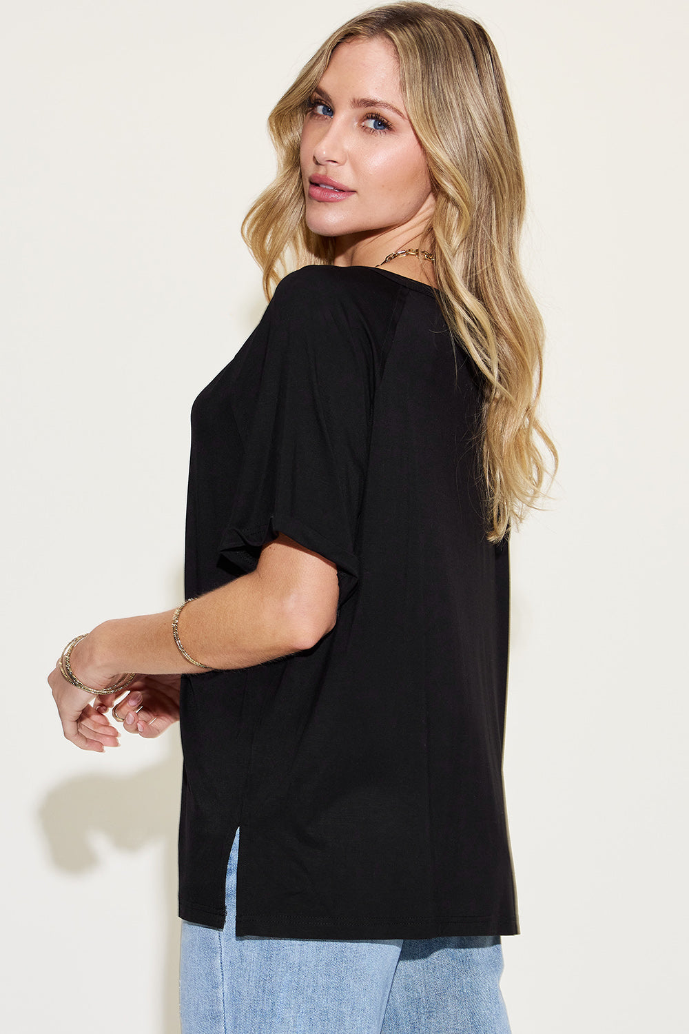 Basic Bae Full Size Bamboo Slit V-Neck Short Sleeve T-Shirt **also in mint, grey, and mustard