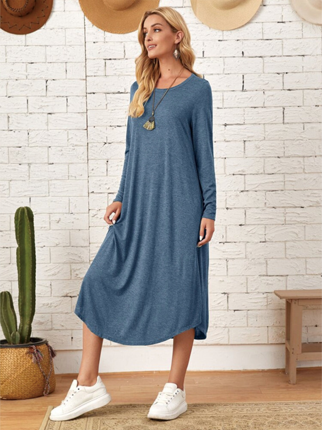 Pocketed Round Neck Long Sleeve Tee Dress **also in grey, black, burgundy, yellow green, and dusty blue