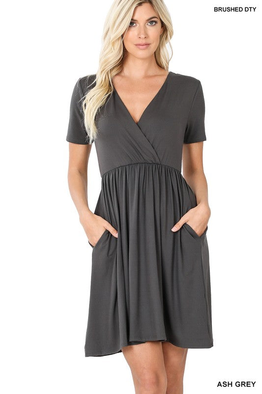 Zenana Brushed DTY Buttery Soft Fabric Surplice Dress **available in 7 colors