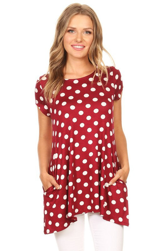 Moa Collection Polka Dot Printed Tunic Top with Pockets ** also in burgundy, black, red, and white