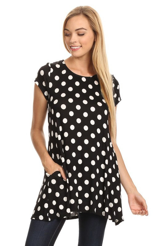 Moa Collection Polka Dot Printed Tunic Top with Pockets ** also in burgundy, black, red, and white