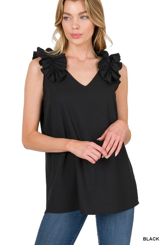 Zenana Woven Wool Dobby Ruffle Trim Sleeveless Top  **also in sand, blue, and coral