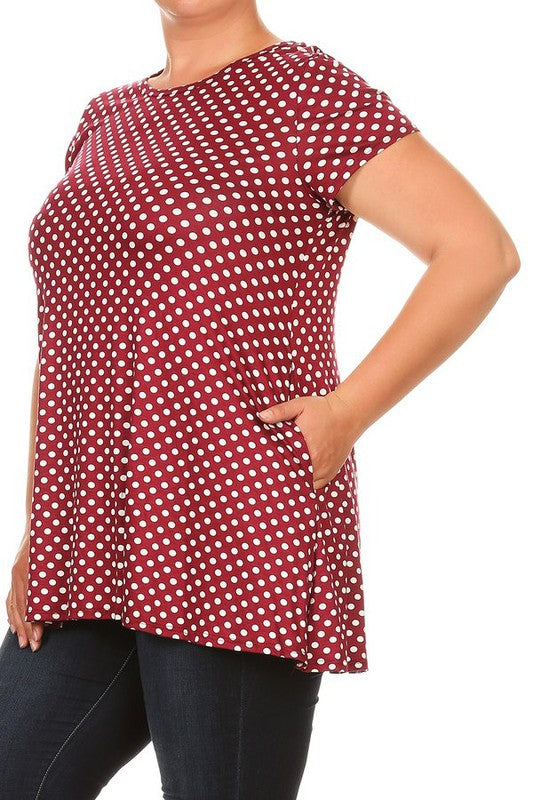 Moa Collection Plus Size Polka Dot Print Short Sleeve Top with Pockets **also in white, black, red, and navy