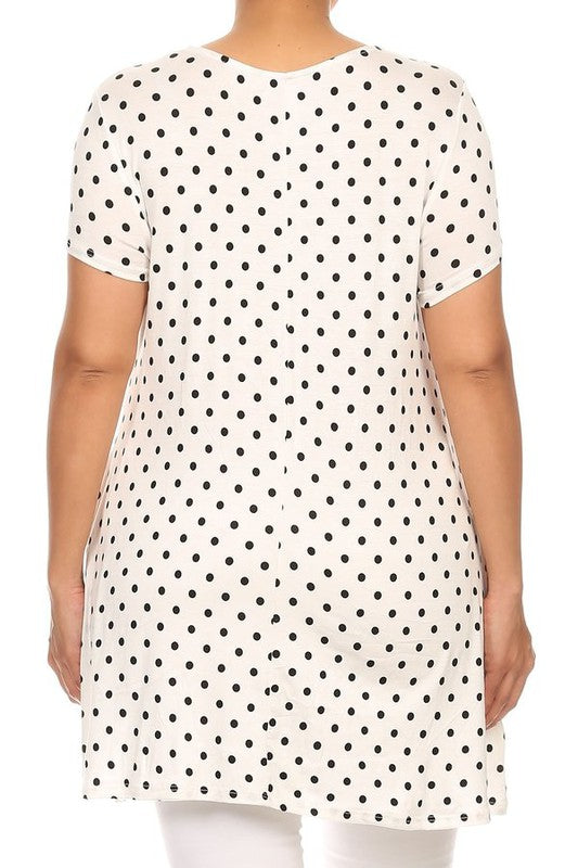 Moa Collection Plus Size Polka Dot Print Short Sleeve Top with Pockets **also in white, black, red, and navy