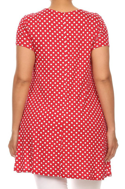 Moa Collection Plus Size Polka Dot Print Short Sleeve Top with Pockets **also in white, black, red, and navy