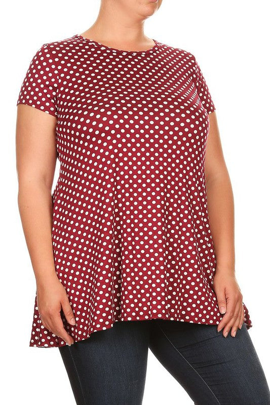 Moa Collection Plus Size Polka Dot Print Short Sleeve Top with Pockets **also in white, black, red, and navy