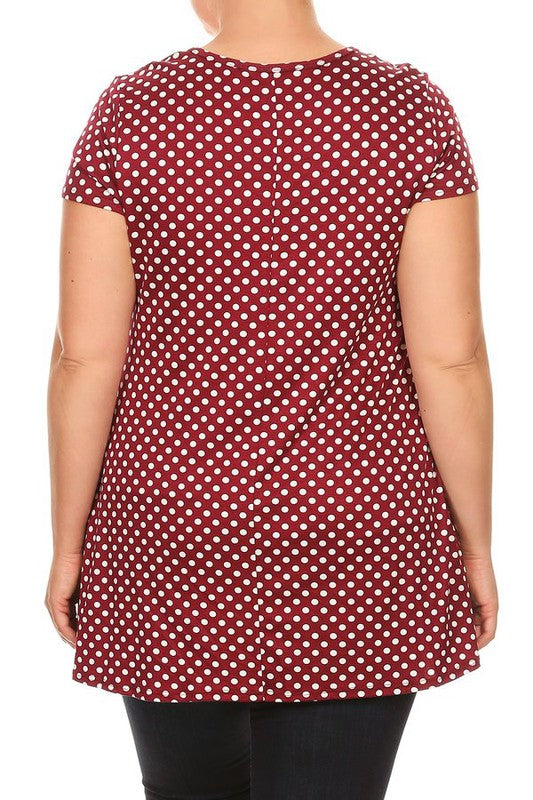 Moa Collection Plus Size Polka Dot Print Short Sleeve Top with Pockets **also in white, black, red, and navy