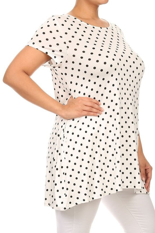 Moa Collection Plus Size Polka Dot Print Short Sleeve Top with Pockets **also in white, black, red, and navy