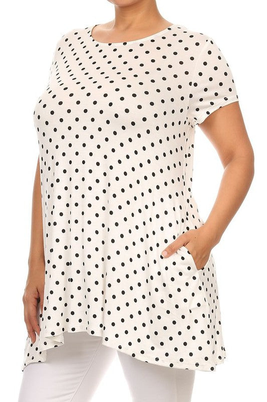 Moa Collection Plus Size Polka Dot Print Short Sleeve Top with Pockets **also in white, black, red, and navy