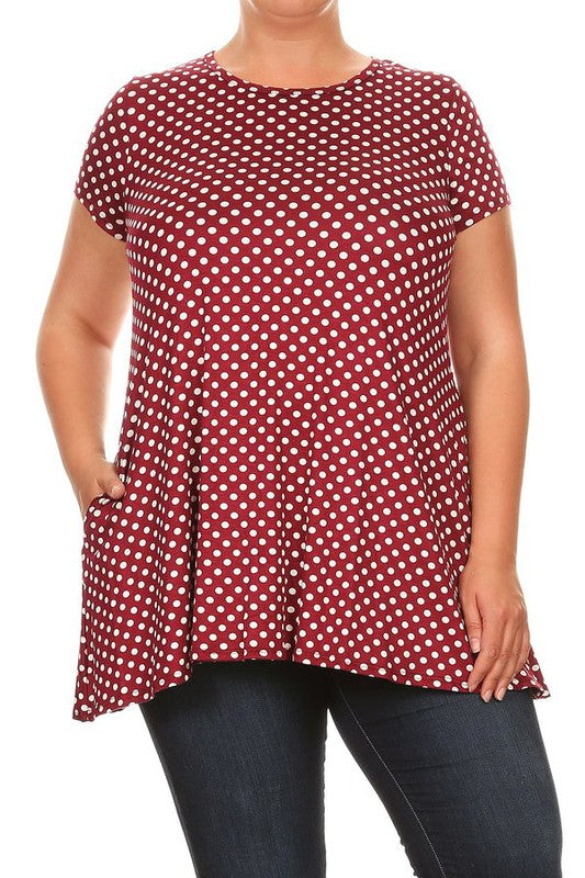 Moa Collection Plus Size Polka Dot Print Short Sleeve Top with Pockets **also in white, black, red, and navy