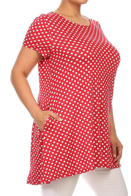 Moa Collection Plus Size Polka Dot Print Short Sleeve Top with Pockets **also in white, black, red, and navy