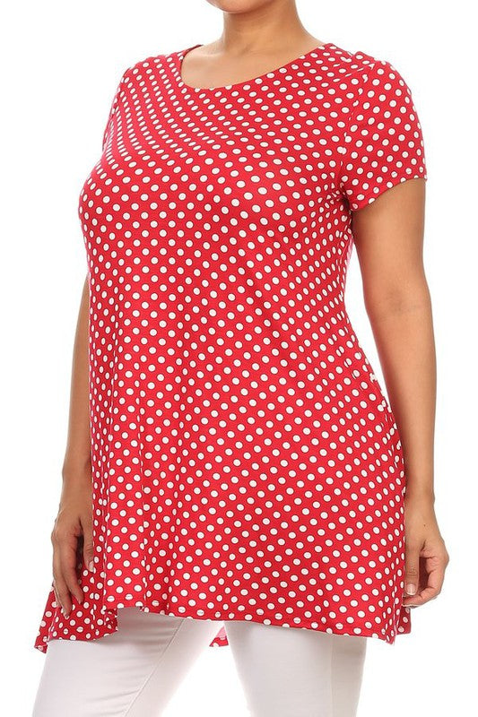 Moa Collection Plus Size Polka Dot Print Short Sleeve Top with Pockets **also in white, black, red, and navy