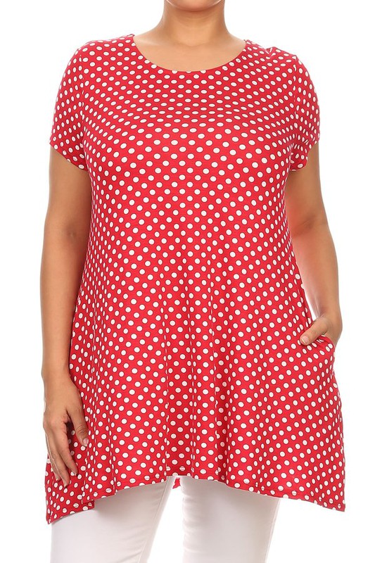 Moa Collection Plus Size Polka Dot Print Short Sleeve Top with Pockets **also in white, black, red, and navy