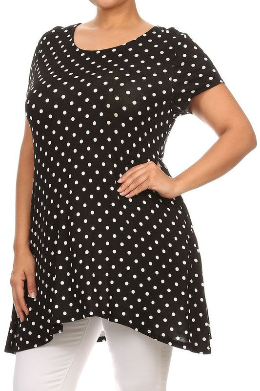 Moa Collection Plus Size Polka Dot Print Short Sleeve Top with Pockets **also in white, black, red, and navy