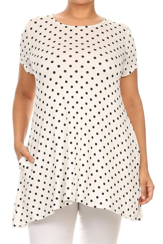 Moa Collection Plus Size Polka Dot Print Short Sleeve Top with Pockets **also in white, black, red, and navy