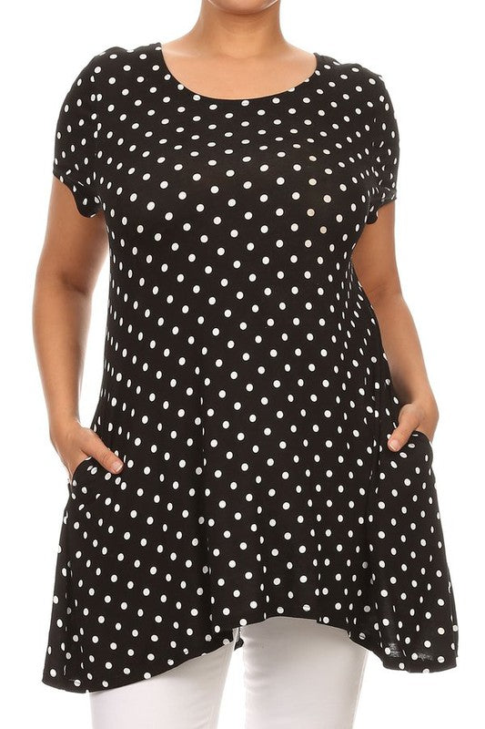 Moa Collection Plus Size Polka Dot Print Short Sleeve Top with Pockets **also in white, black, red, and navy