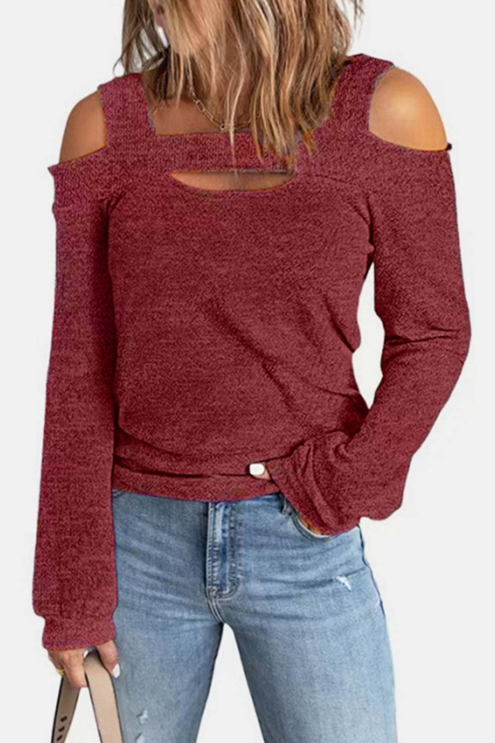 Full Size Cutout Cold Shoulder Sweater **also in light mauve, blue, green, red, and black