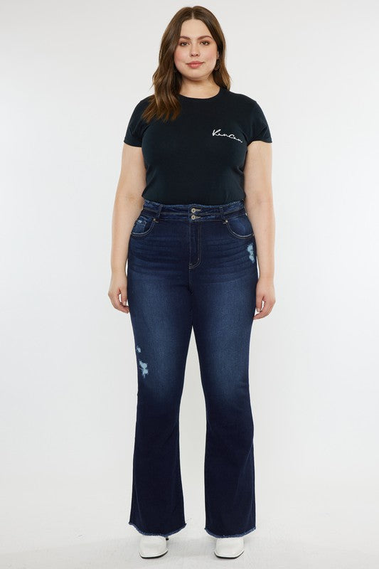 KanCan Plus High Rise Double WB Fray Hem Flare Jeans