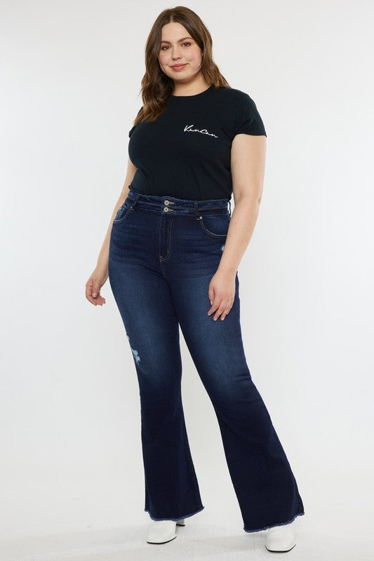 KanCan Plus High Rise Double WB Fray Hem Flare Jeans