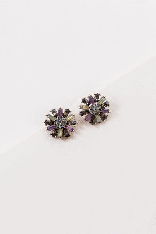 Vintage look crystal floral earrings with grey, yellow and purple crystals surrounding a clear crystal stud center.