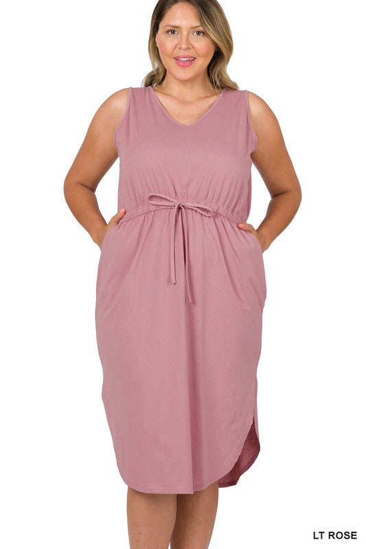 Zenana Plus Drawstring Waist Curved Hem Dress **available in 9 colors