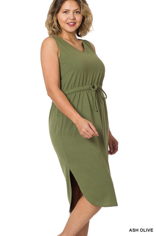 Zenana Plus Drawstring Waist Curved Hem Dress **available in 9 colors