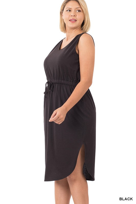 Zenana Plus Drawstring Waist Curved Hem Dress **available in 9 colors