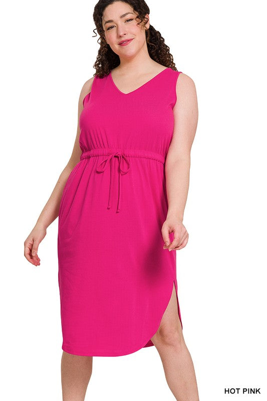 Zenana Plus Drawstring Waist Curved Hem Dress **available in 9 colors