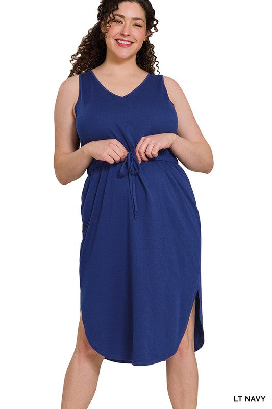 Zenana Plus Drawstring Waist Curved Hem Dress **available in 9 colors