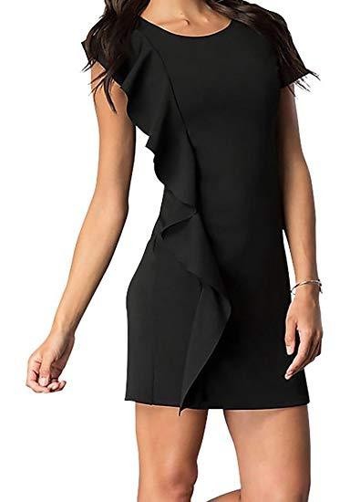 Brunette model wearing a short sleeve mini dress with an asymmetrical ruffle detail in black. Also available in navy and blush.