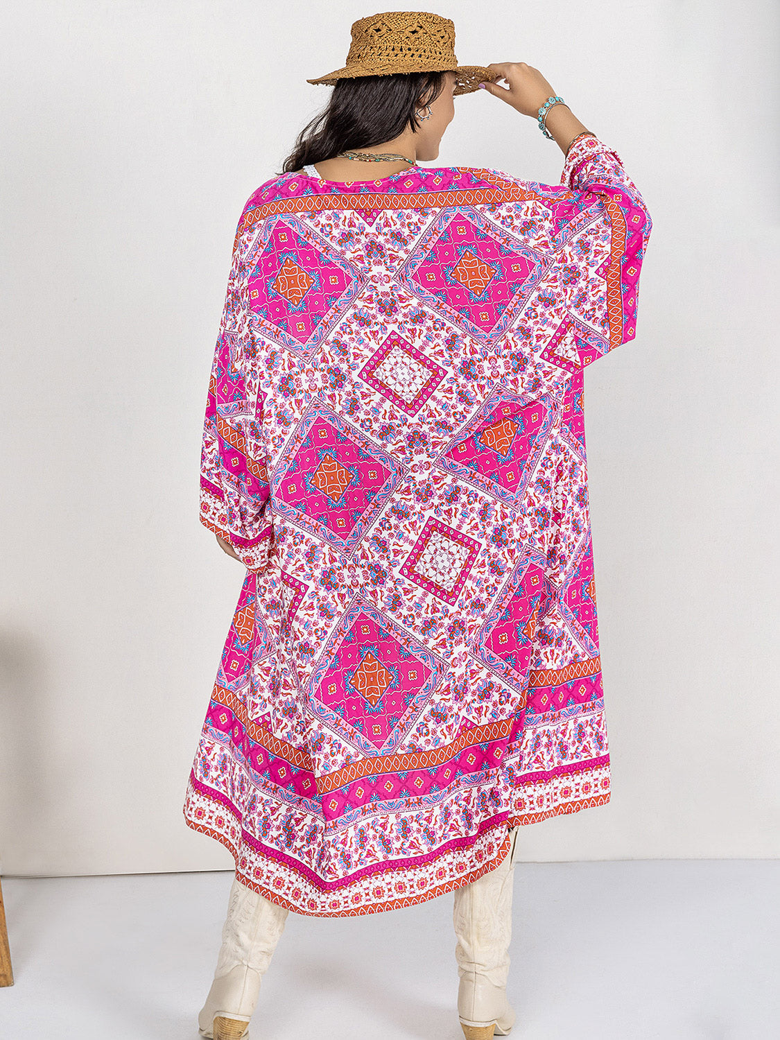 Double Take Plus Size Printed Open Front Longline Kimono **also in yellow and hot pink