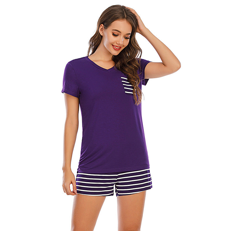 Striped Short Sleeve Top and Shorts Lounge Set *also in black, grey, teal, violet, and turquoise