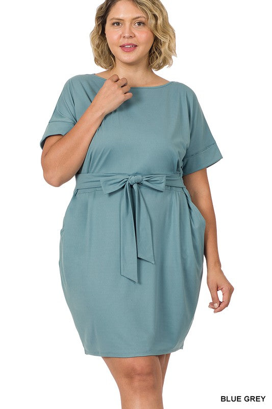 Zenana Plus Brushed Tie Belt Dress **also in black, ash mocha, bright blue, lavender, and rose