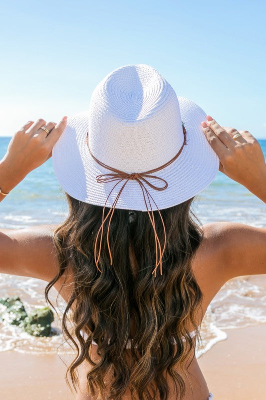 Aili's Corner Beaded Belt Straw Panama Fedora Hat