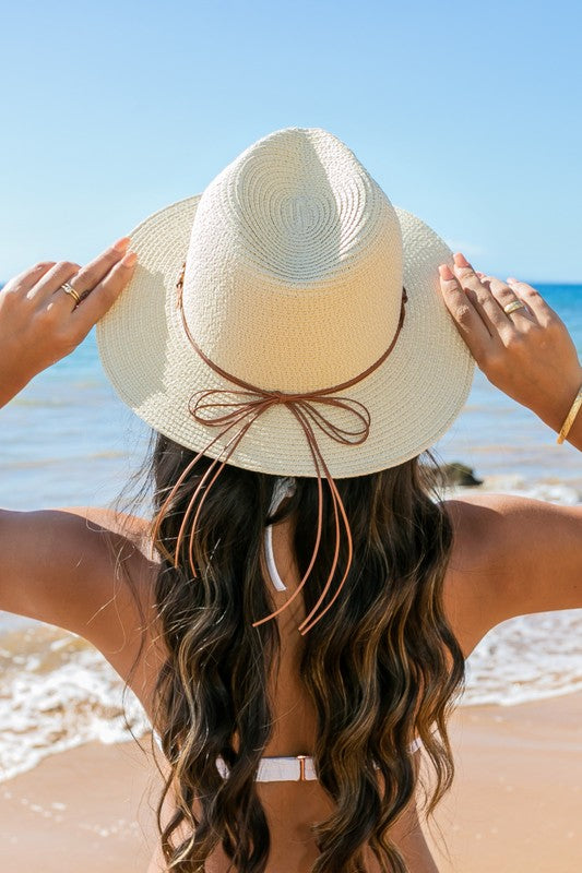 Aili's Corner Beaded Belt Straw Panama Fedora Hat